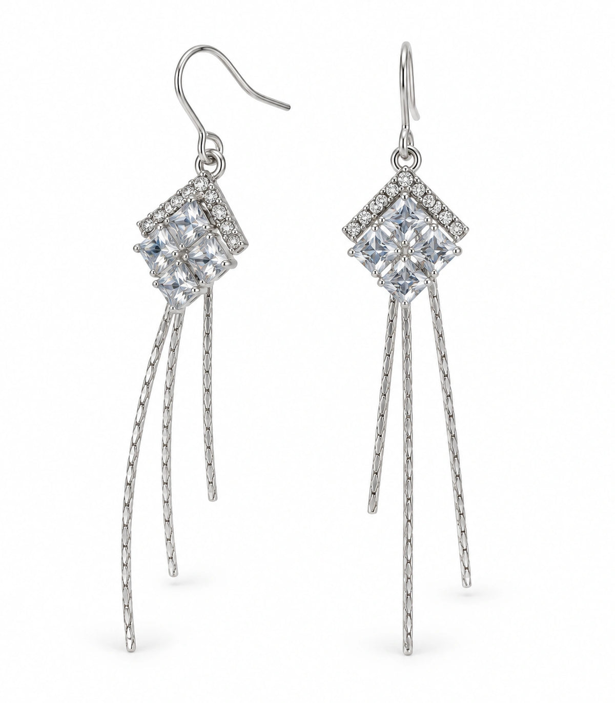 JIMIKI Silver Tone Chevron Crystal Three Chain Earring Pair in Silver-tone, white background product view
