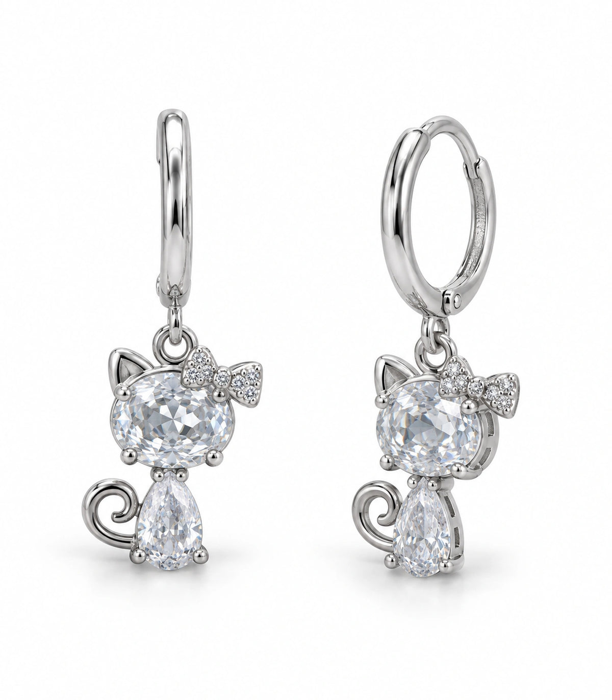 JIMIKI Silver Tone Clear Crystal Cat Bow Hoop Earring Pair in Silver tone / clear, white background product view