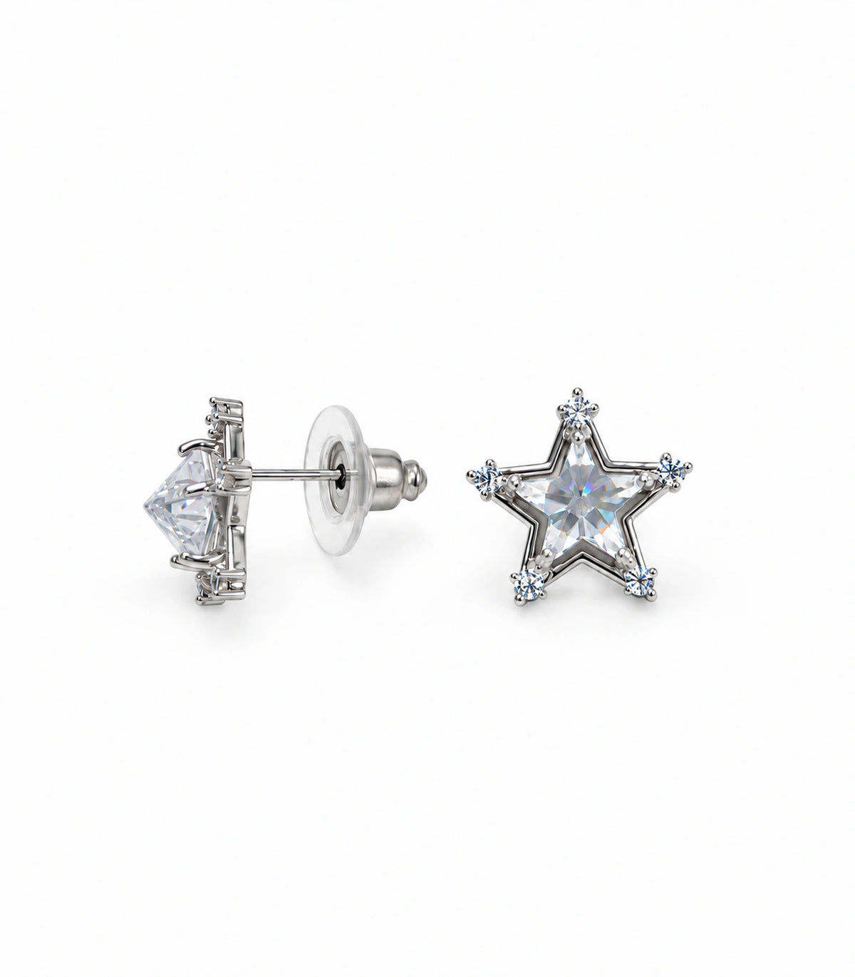 JIMIKI Crystal Star Stud Earring Pair in Silver tone, white background product view #color_silver tone