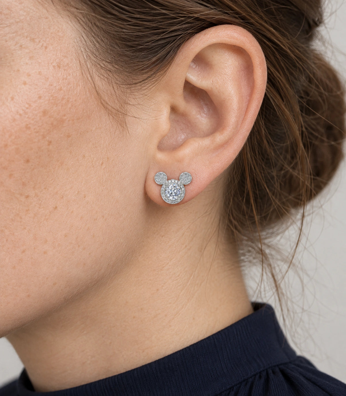 JIMIKI Crystal Three Circle Stud Earring Pair in Silver tone / clear, close-up detail #color_silver tone / clear