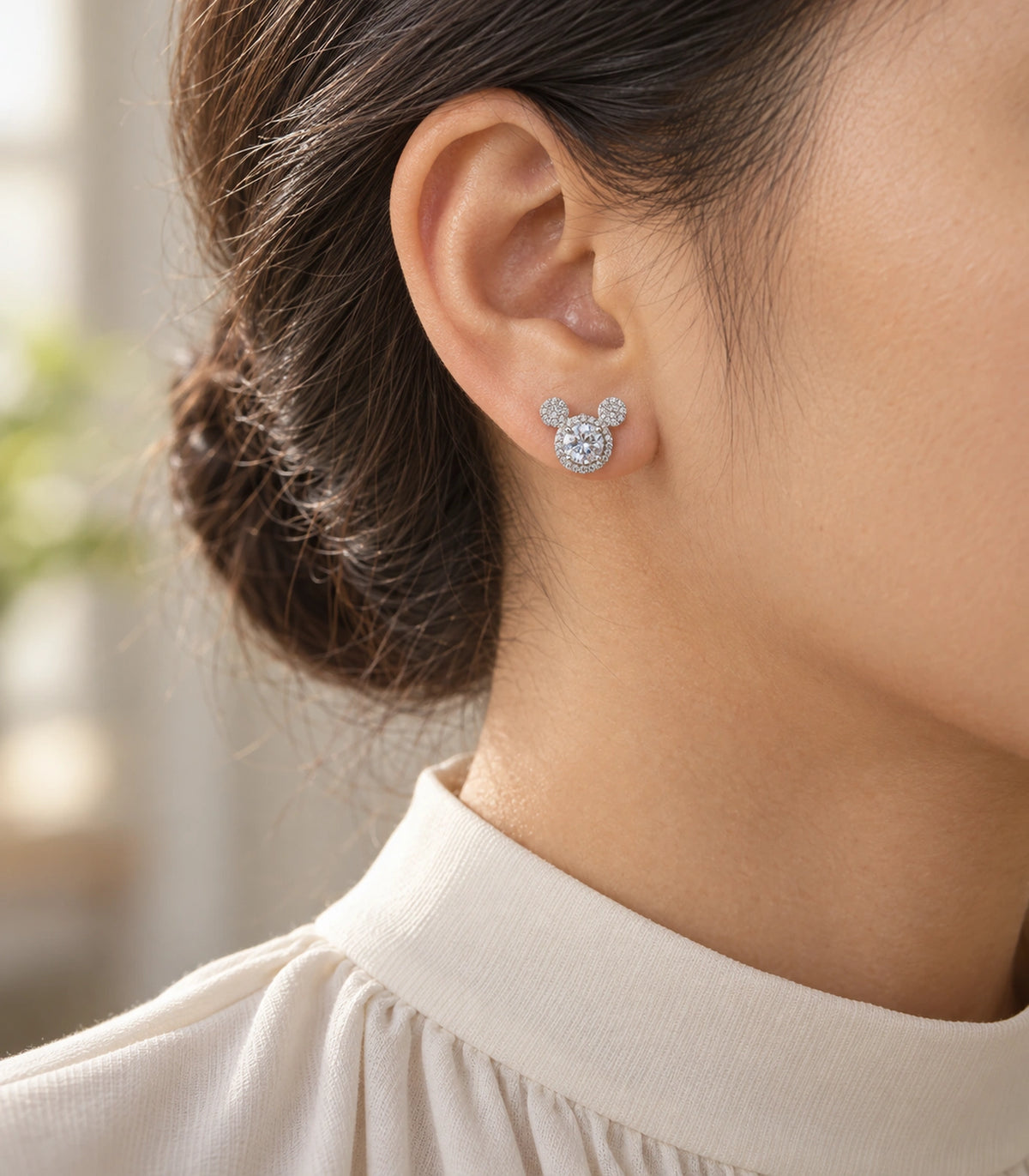 JIMIKI Crystal Three Circle Stud Earring Pair in Silver tone / clear, editorial model view #color_silver tone / clear