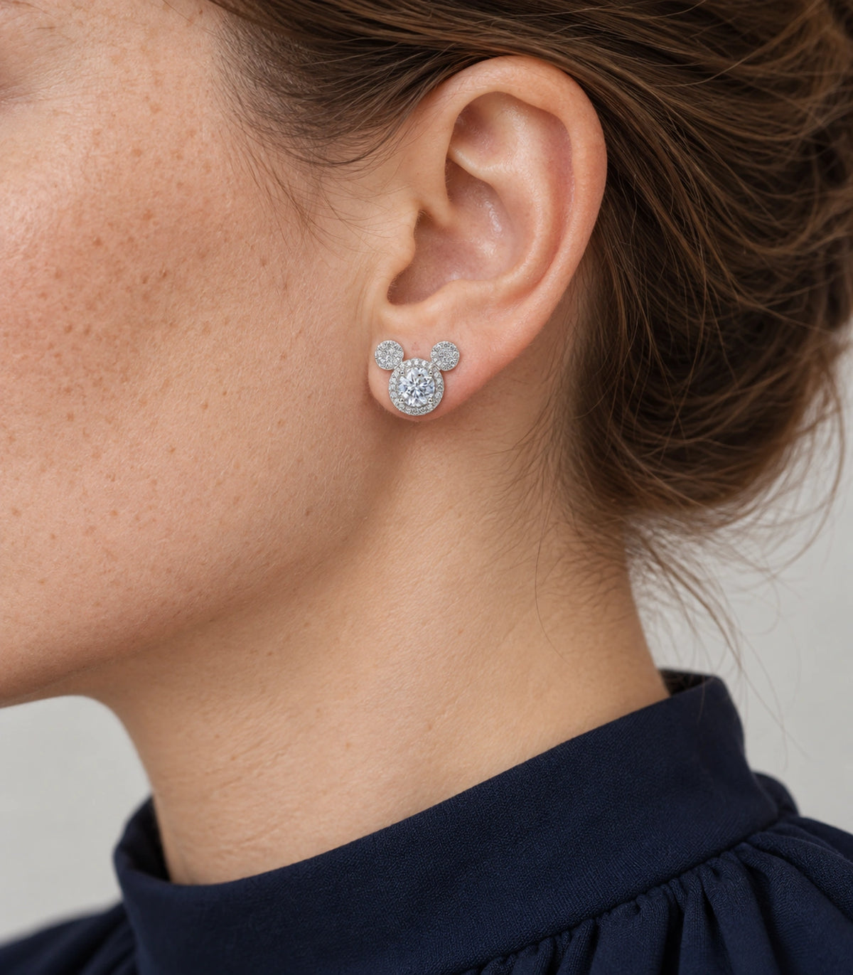 JIMIKI Crystal Three Circle Stud Earring Pair in Silver tone / clear, model wearing view #color_silver tone / clear