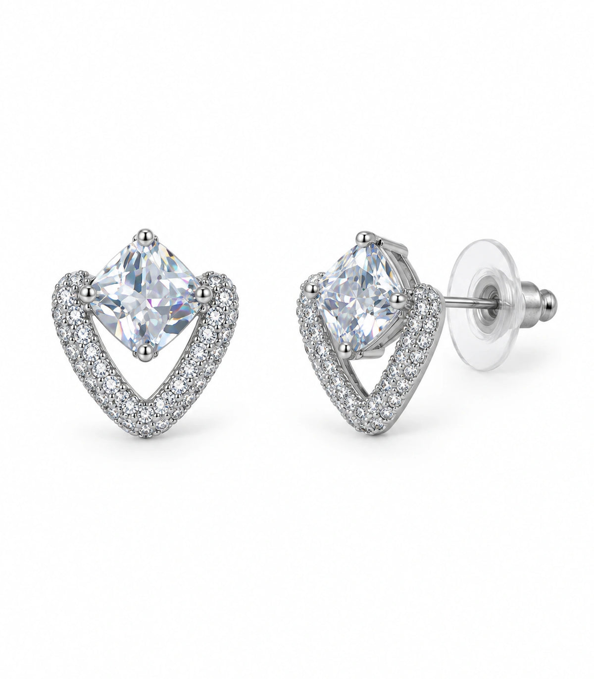 JIMIKI Silver Tone Clear Cushion Crystal Open Heart Stud Earring Pair in Silver-tone, white background product view