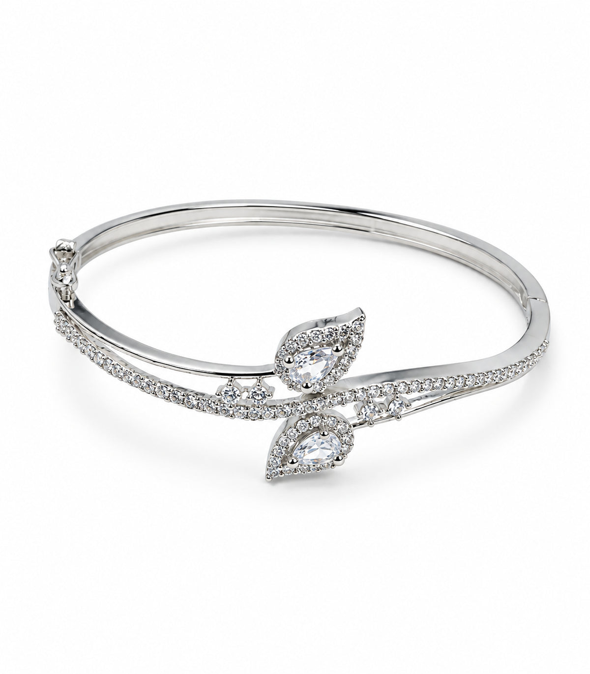 Silver-tone clear double leaf bangle on white background