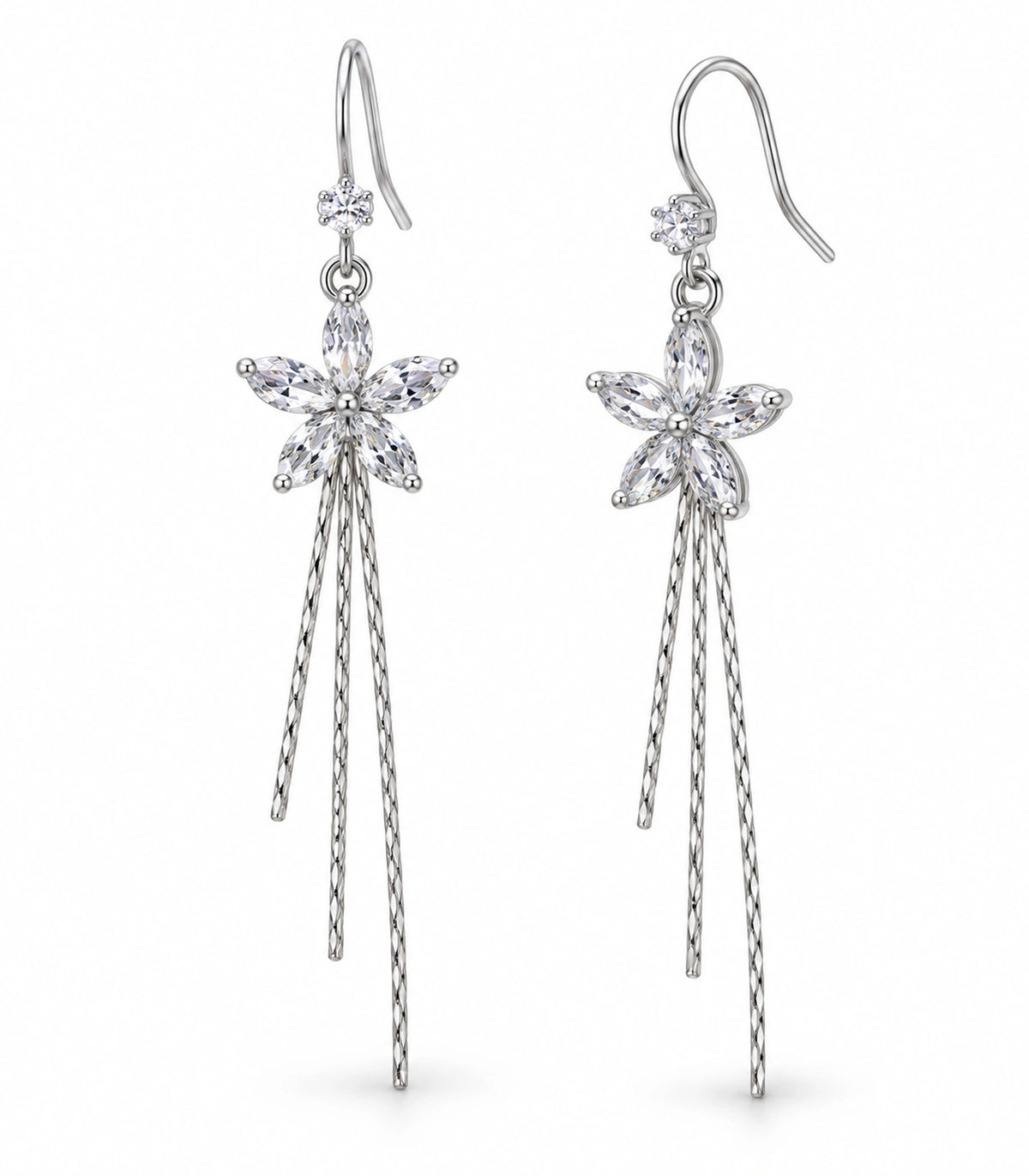 JIMIKI Silver Tone Clear Five Petal Flower Chain Tassel Earring Pair in Silver tone / clear, white background product view