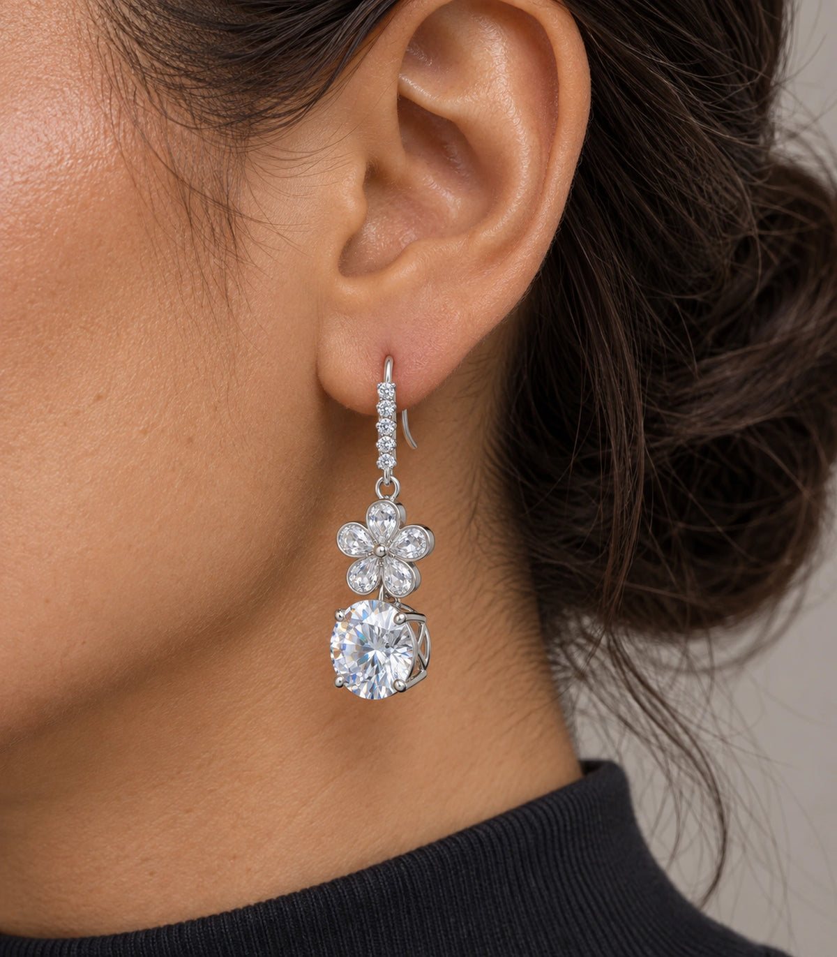 JIMIKI Silver Tone Clear Flower Round Solitaire Drop Earring Pair in Silver tone / clear, close-up detail