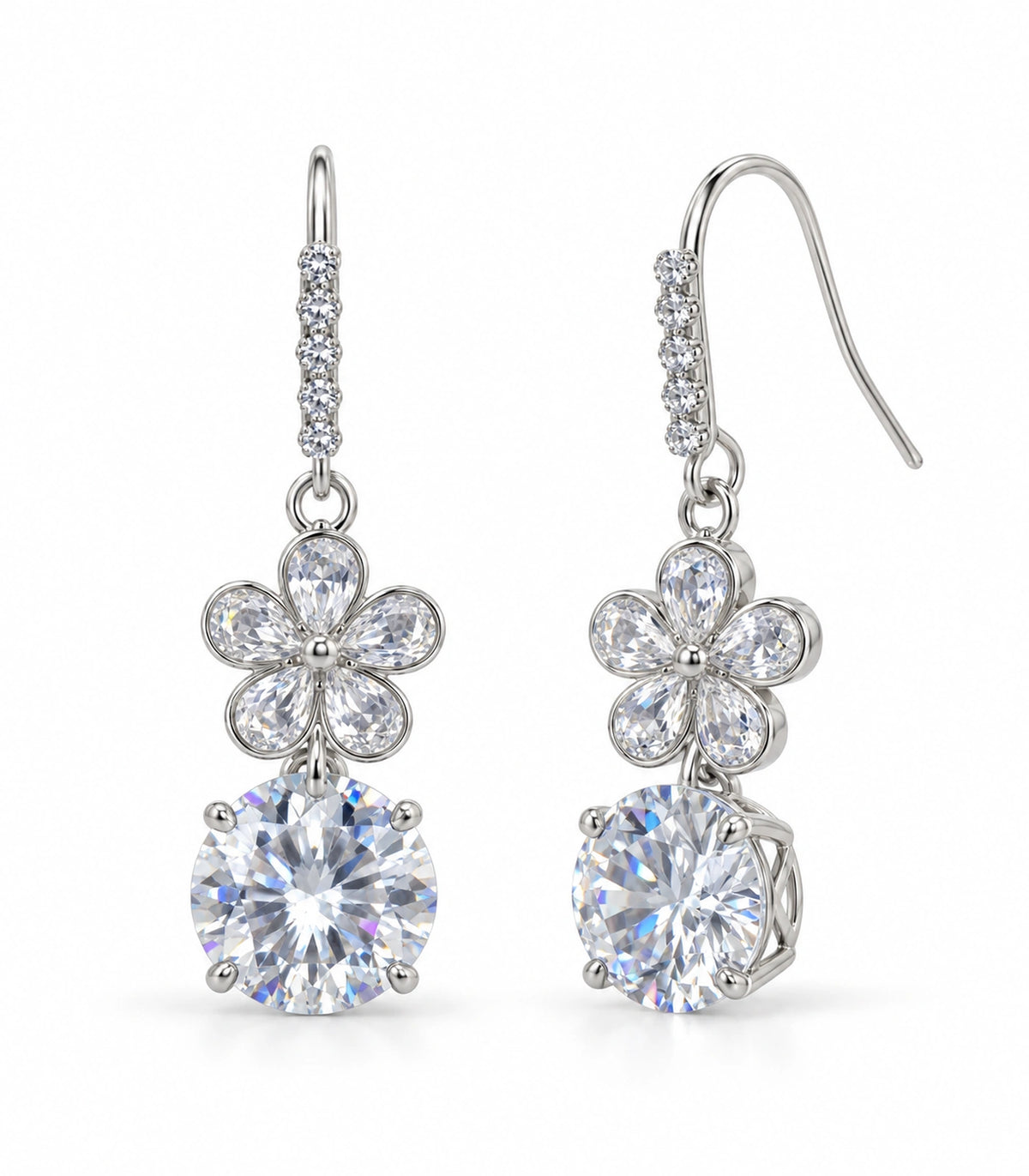 JIMIKI Silver Tone Clear Flower Round Solitaire Drop Earring Pair in Silver tone / clear, white background product view