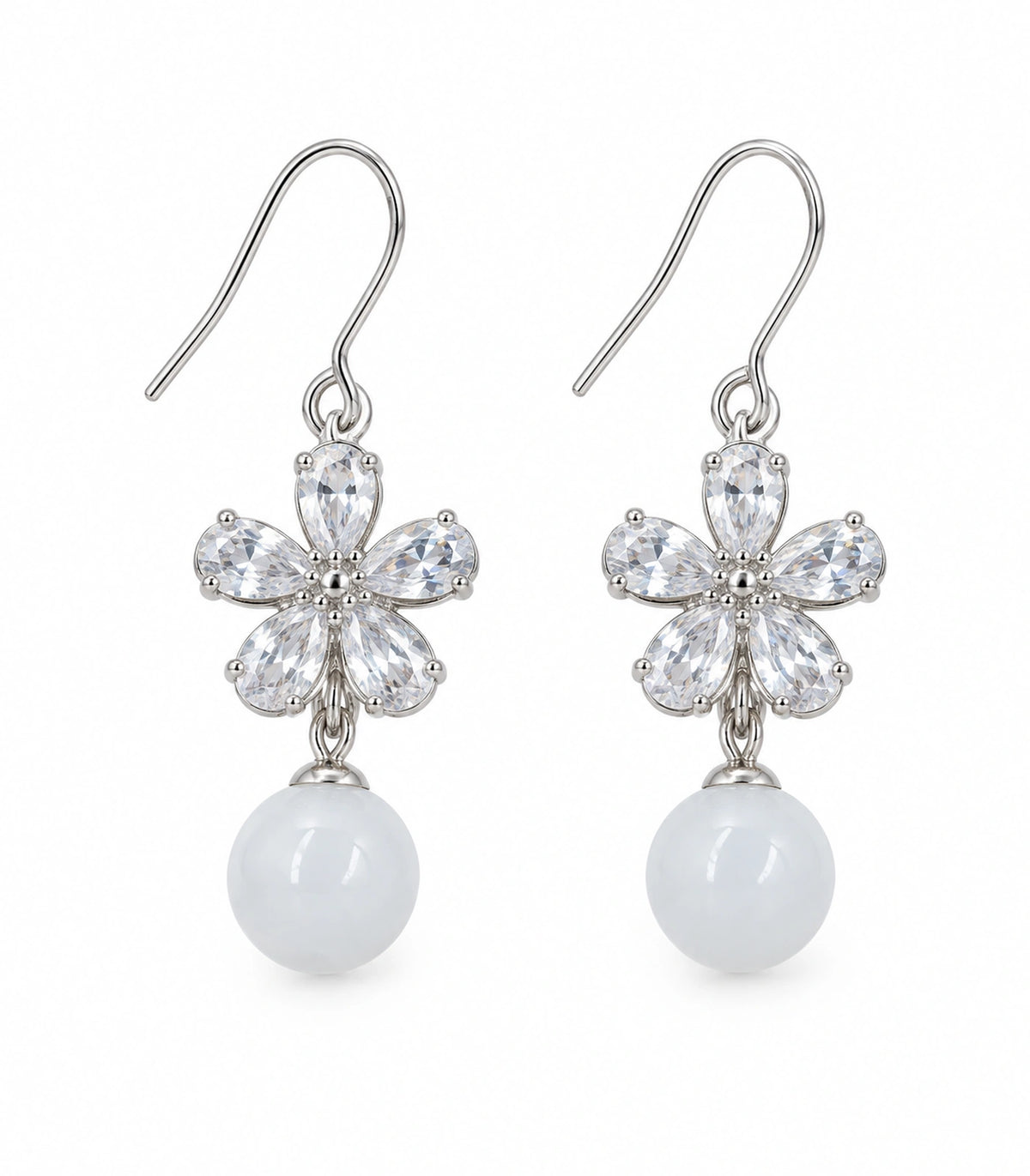 JIMIKI Silver Tone Clear Flower White Bead Drop Earring Pair in Silver-tone, white background product view