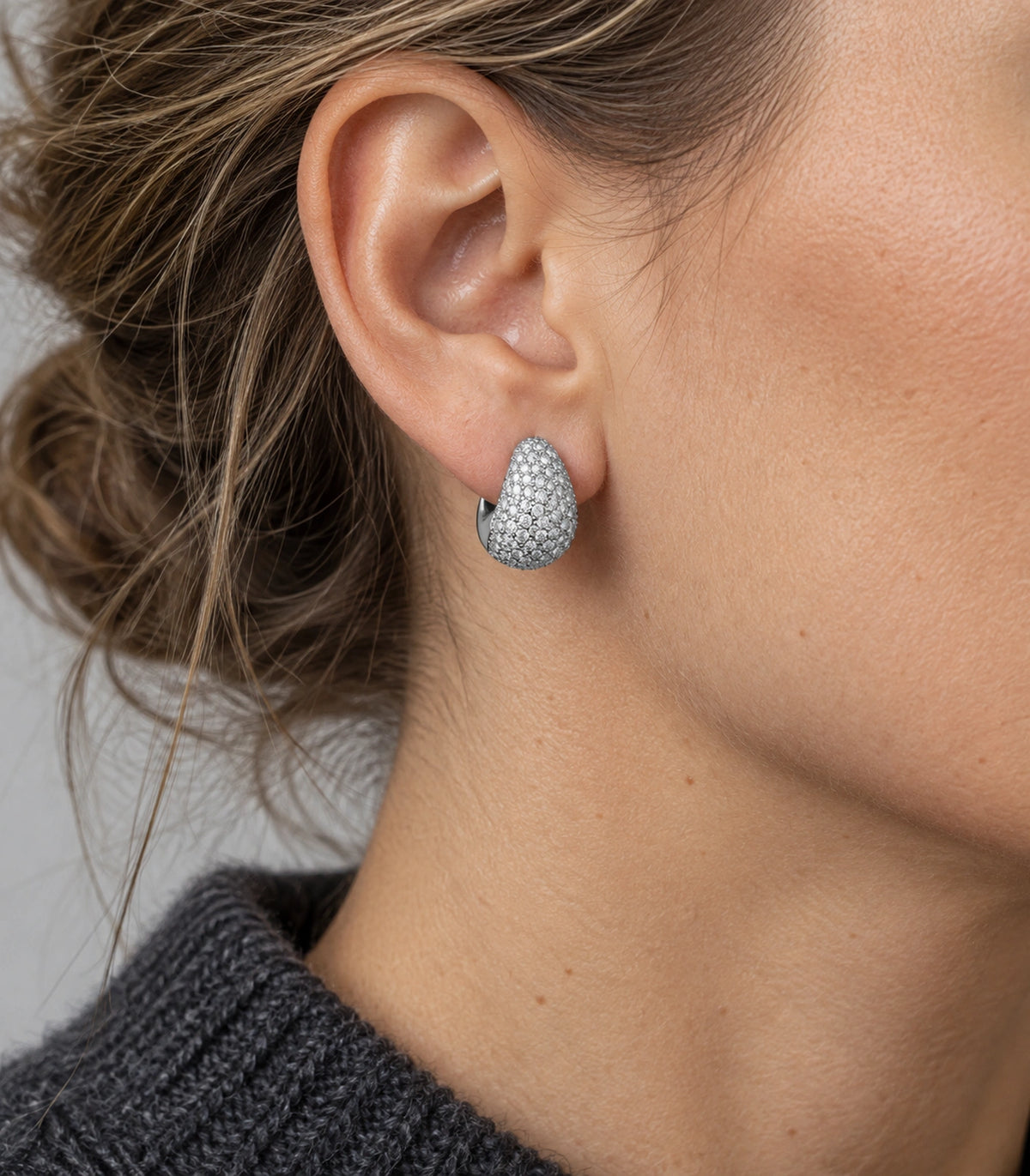 JIMIKI Silver Tone Clear Pave Domed Teardrop Stud Earring Pair in Silver tone/Clear, close-up detail