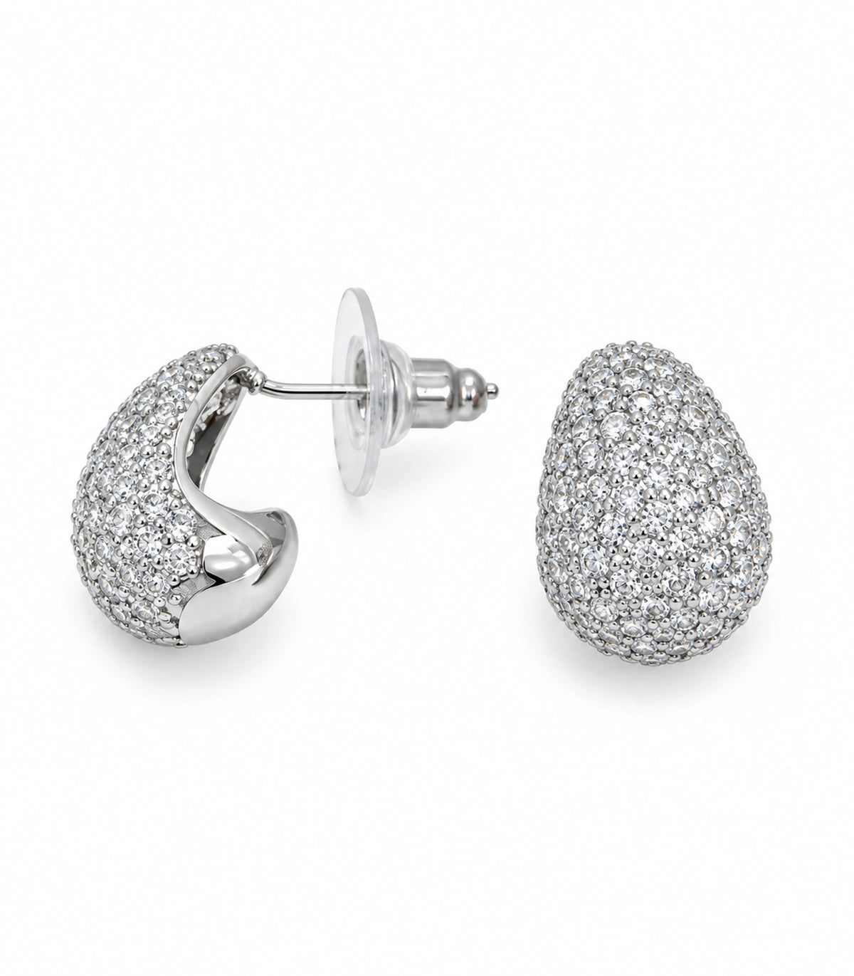 JIMIKI Silver Tone Clear Pave Domed Teardrop Stud Earring Pair in Silver tone/Clear, white background product view