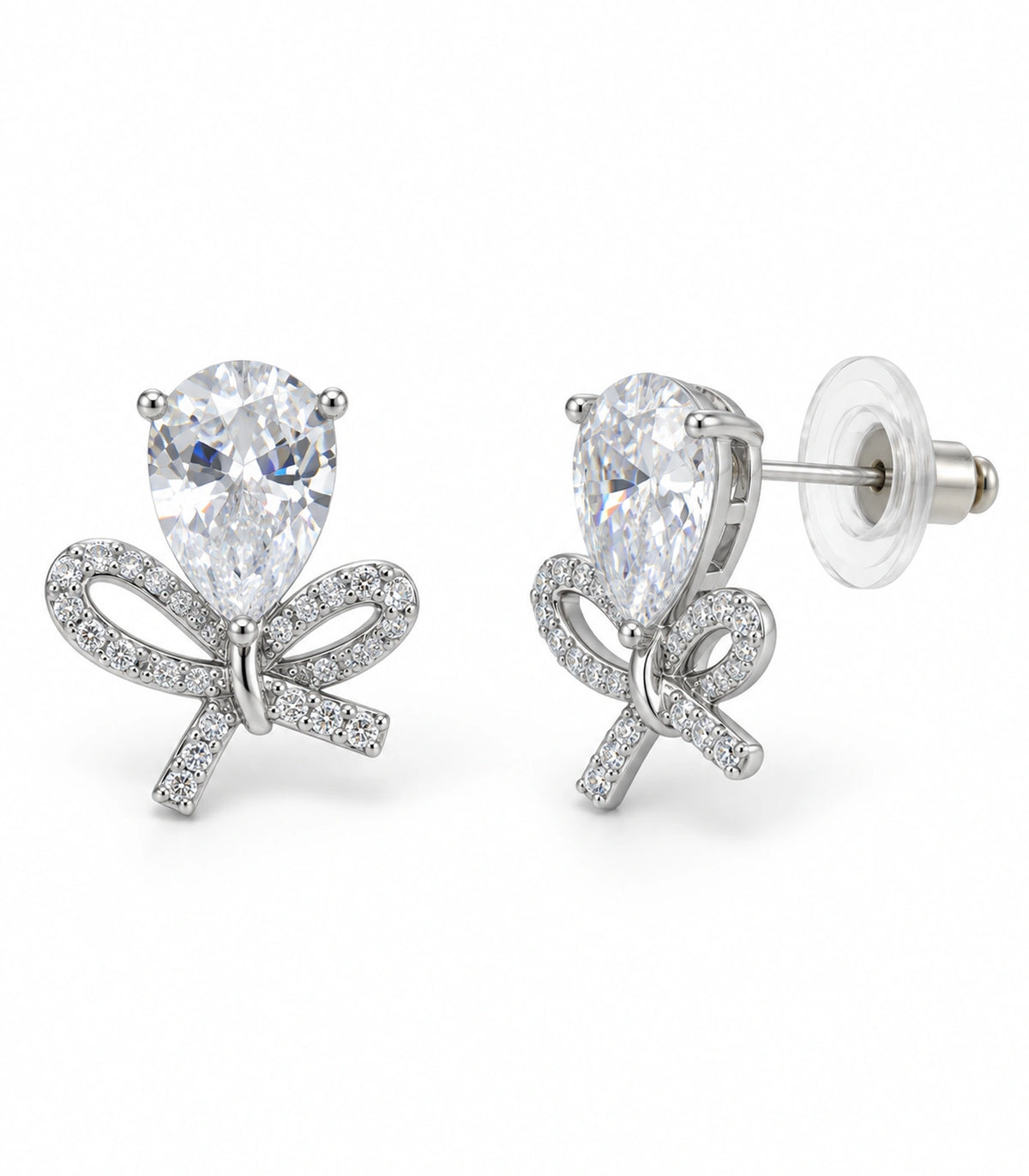 JIMIKI Silver Tone Clear Pear Crystal Bow Stud Earring Pair in Silver-tone, white background product view