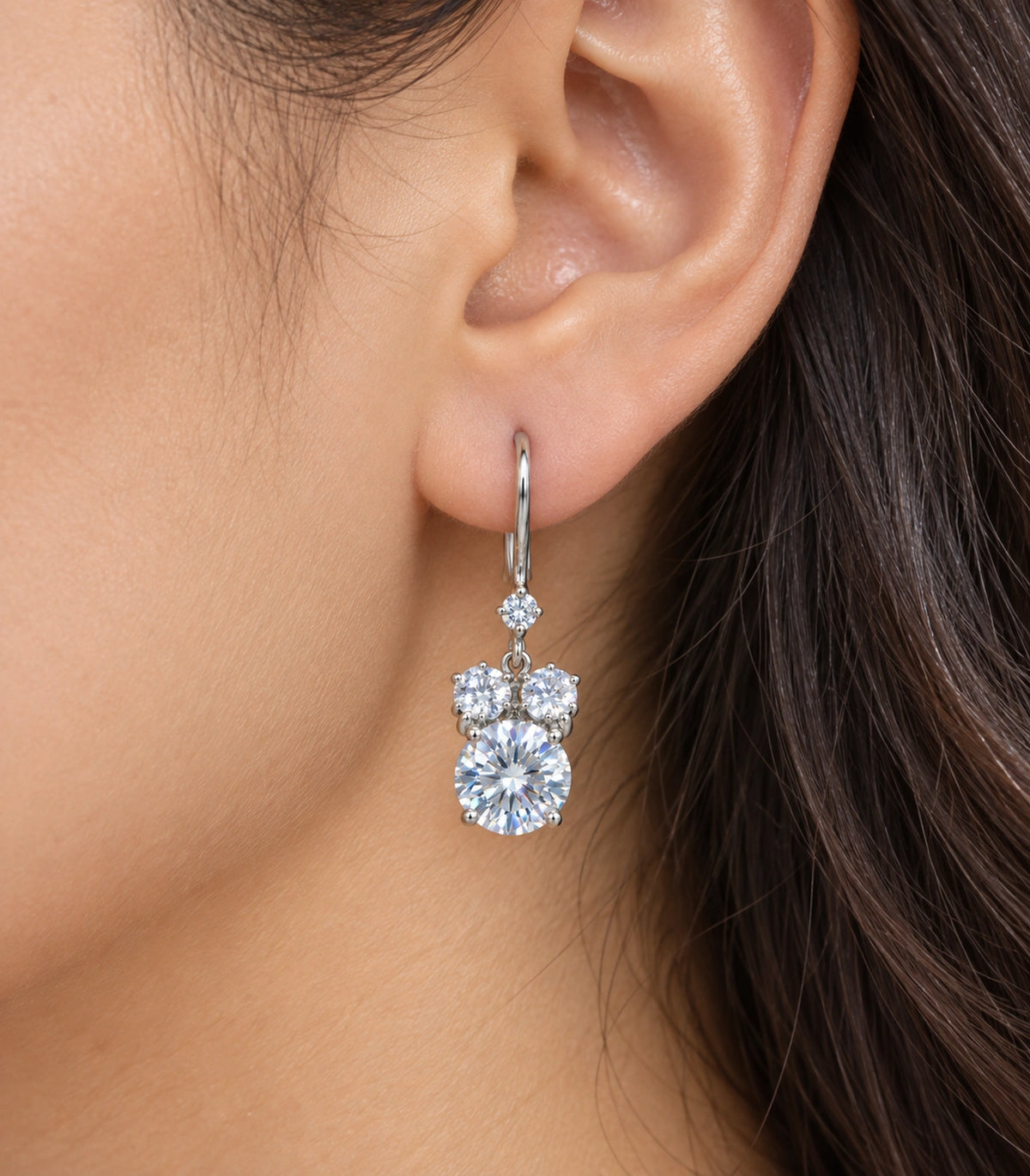 JIMIKI Silver Tone Clear Round Cluster Drop Earring Pair in Clear, close-up detail