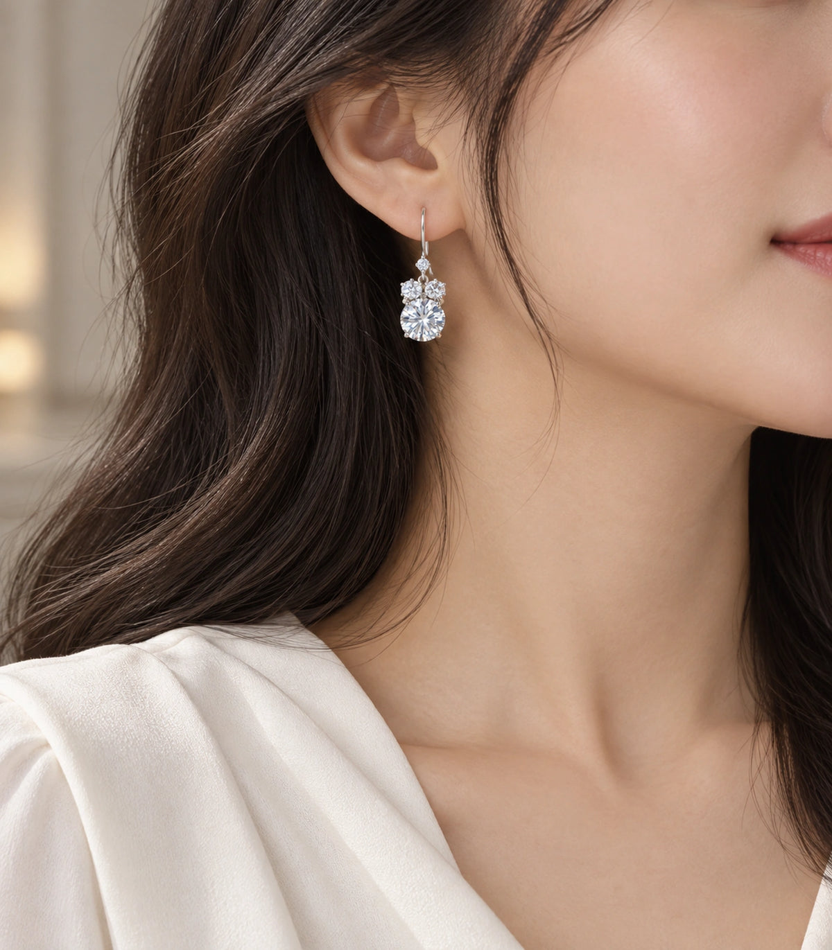 JIMIKI Silver Tone Clear Round Cluster Drop Earring Pair in Clear, editorial model view