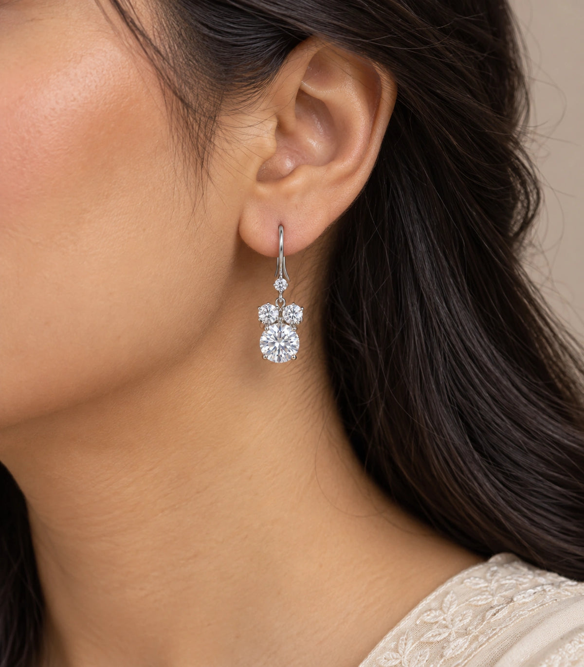 JIMIKI Silver Tone Clear Round Cluster Drop Earring Pair in Clear, model wearing view