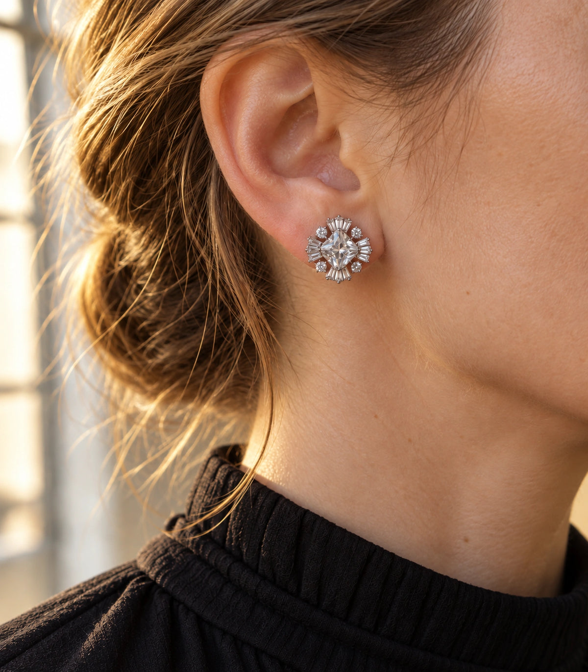 JIMIKI Star Crystal Baguette Halo Stud Earring Pair in Silver tone, editorial model view #color_silver tone