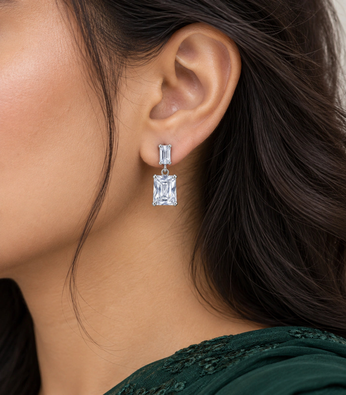 JIMIKI Silver Tone Clear Step Cut Two Stone Drop Earring Pair in Clear / Silver, model wearing view