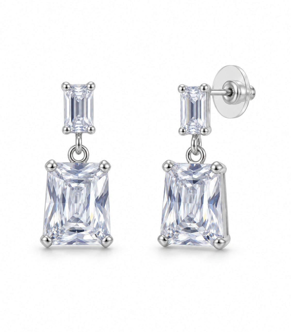 JIMIKI Silver Tone Clear Step Cut Two Stone Drop Earring Pair in Clear / Silver, white background product view