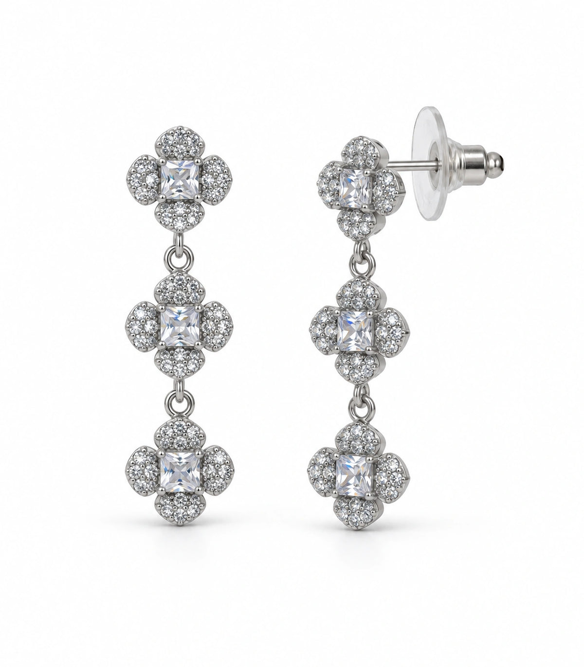 JIMIKI Triple Four Petal Flower Drop Earring Pair in Silver tone / clear, white background product view #color_silver tone / clear