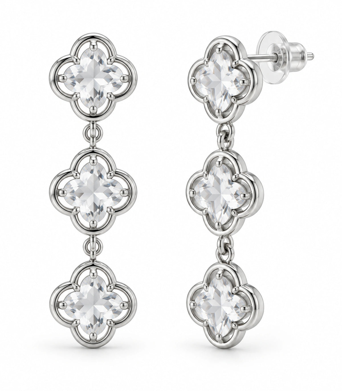 JIMIKI Triple Quatrefoil Crystal Drop Earring Pair in Silver tone / clear, white background product view #color_silver tone / clear