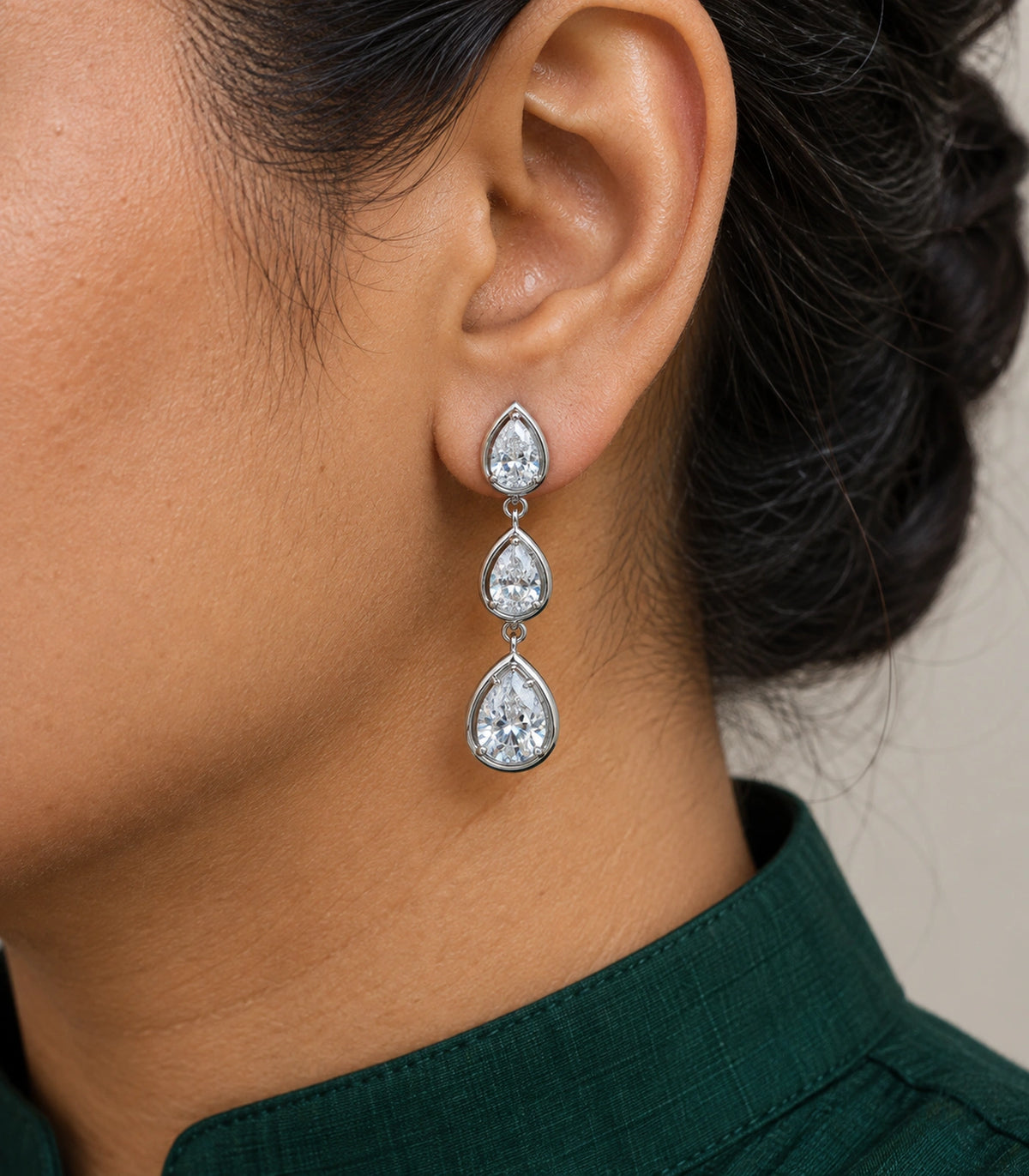 JIMIKI Silver Tone Clear Triple Teardrop Drop Earring Pair in Silver Tone, close-up detail