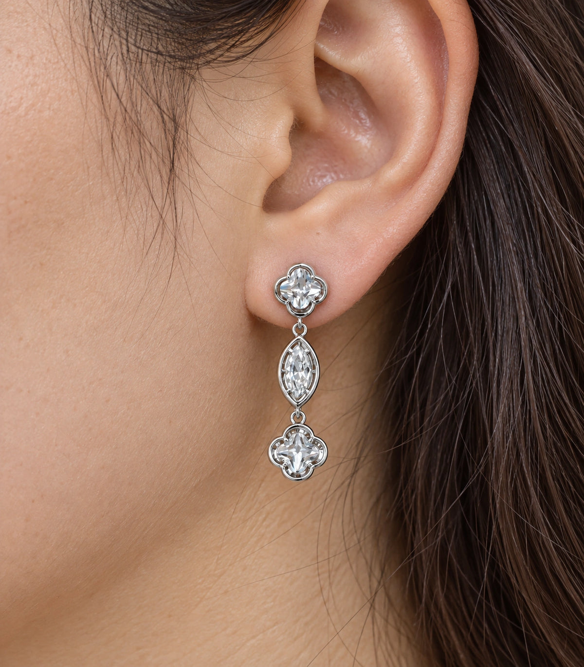 JIMIKI Clover Marquise Crystal Drop Earrings in Silver-tone, close-up detail #color_silver-tone