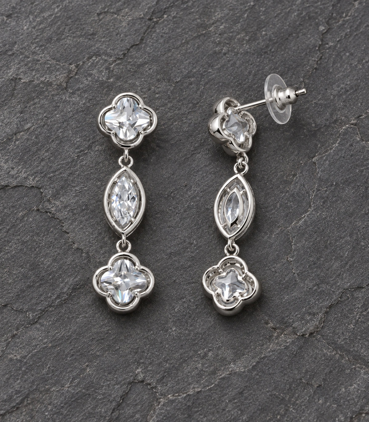 JIMIKI Clover Marquise Crystal Drop Earrings in Silver-tone, editorial flat lay #color_silver-tone