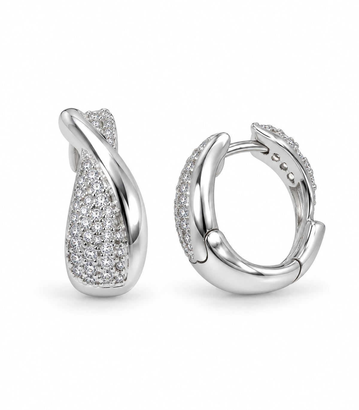 JIMIKI Silver crossover pave huggie hoop earrings, pair on white background #color_silver