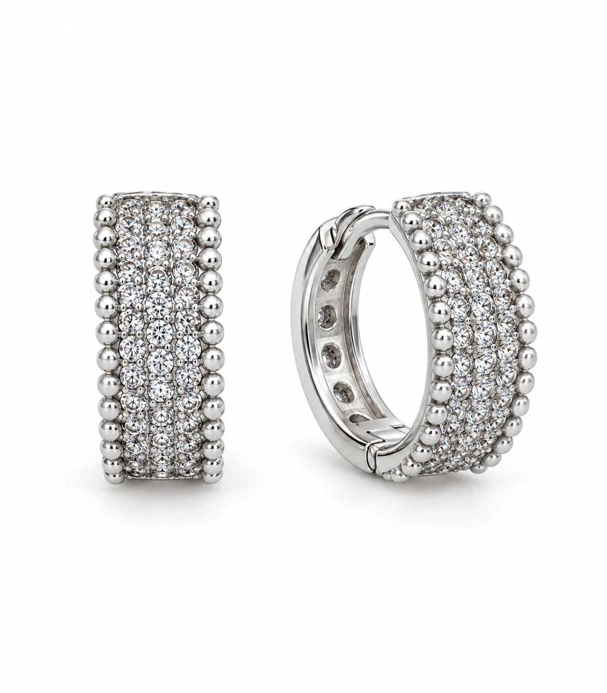 JIMIKI Silver Crystal Bead Border Huggie Hoop Earrings, matching pair on white background #color_silver
