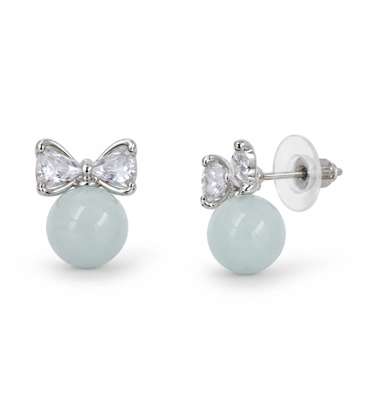 JIMIKI Silver-Tone Crystal Bow Blue Bead Stud Earrings in Silver-tone / pale blue, white background product view