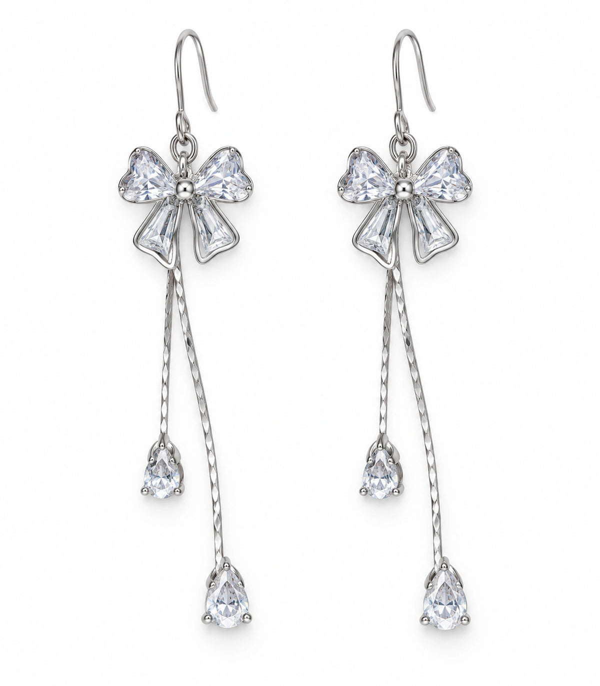 JIMIKI Silver-Tone Crystal Bow Twin Pear Drop Earrings in Silver Tone, white background product view