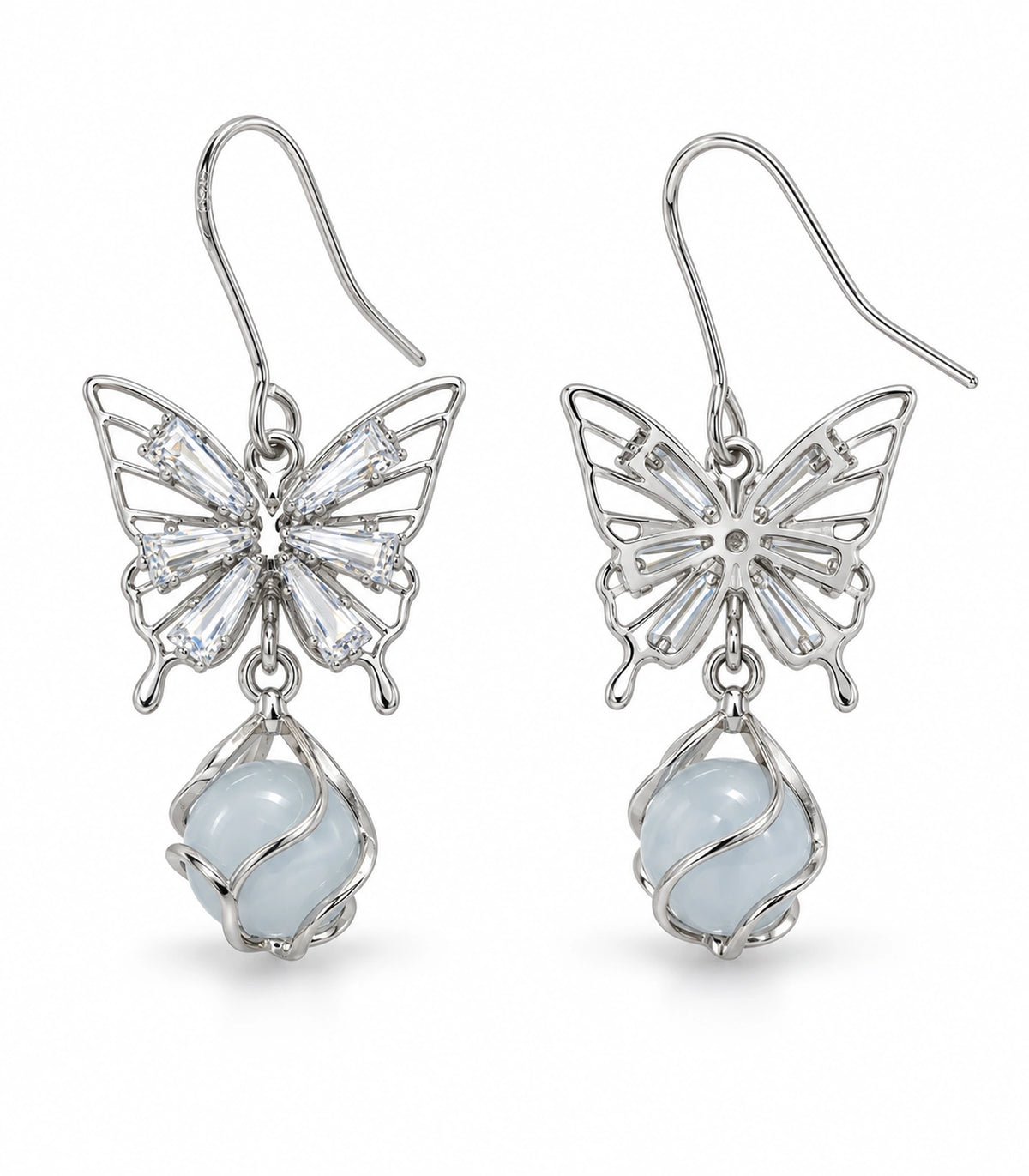 JIMIKI Silver Tone Crystal Butterfly Blue Bead Drop Earring Pair in Silver tone, white background product view