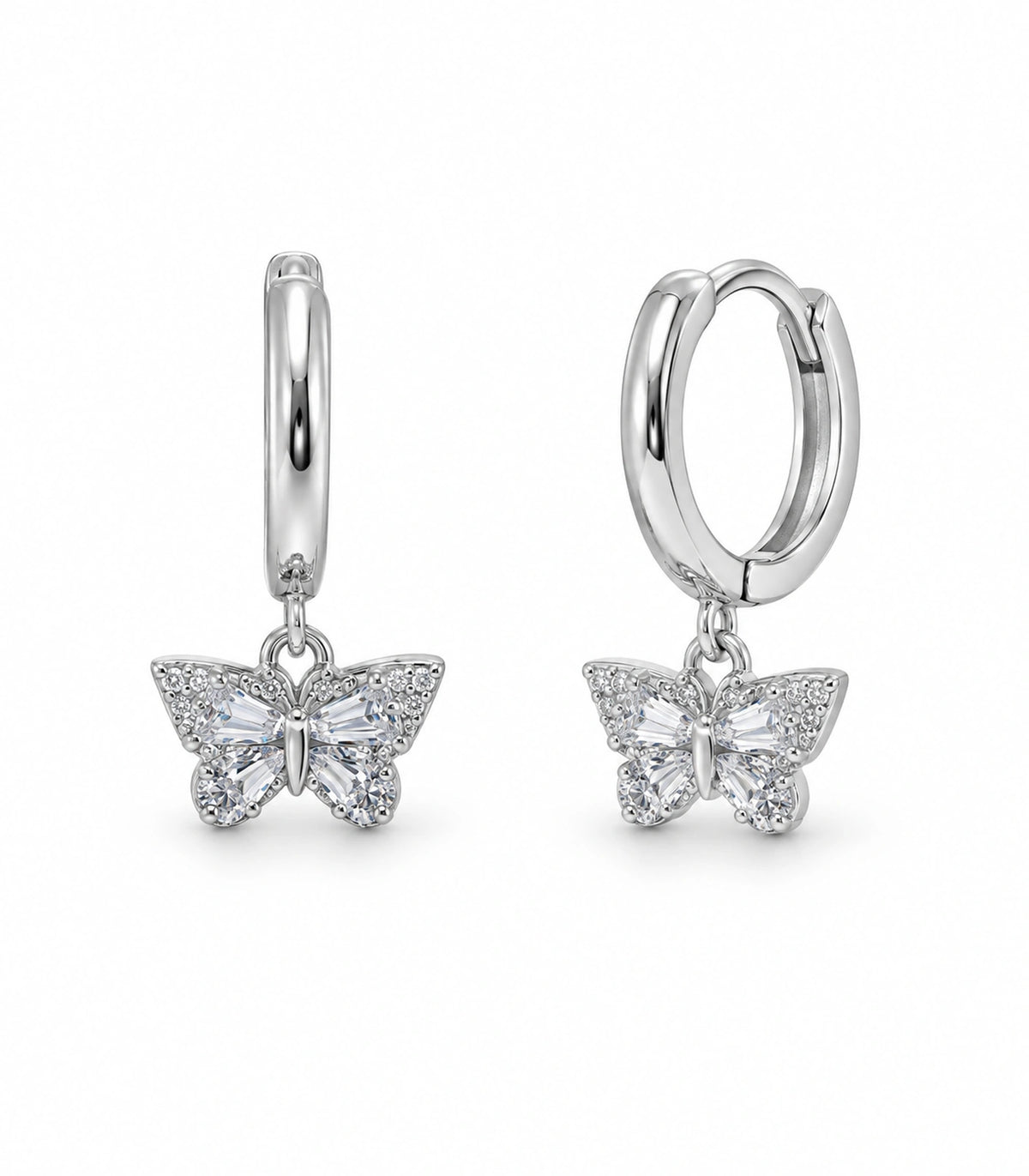 JIMIKI Crystal Butterfly Huggie Earrings in Silver / Clear, white background product view #color_silver / clear