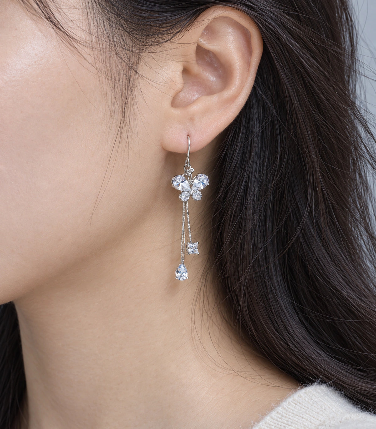 JIMIKI Silver Tone Crystal Butterfly Pear Square Chain Earring Pair in Silver-tone, close-up detail