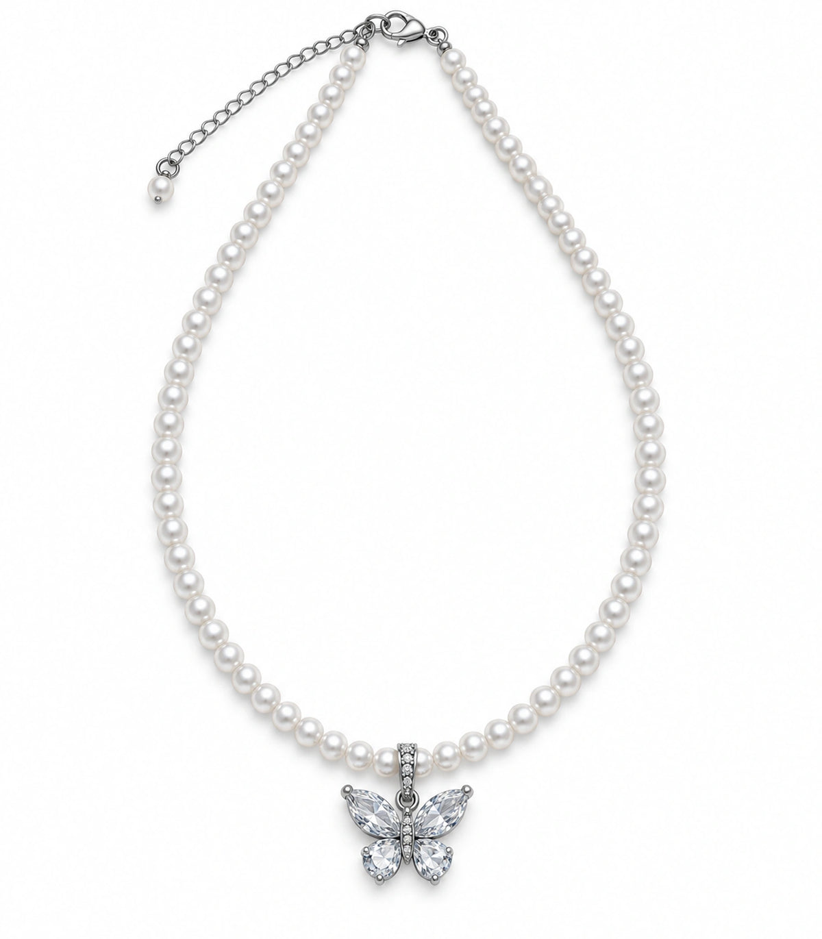 JIMIKI Silver-Tone Crystal Butterfly Pearl Necklace in Silver-tone / clear / white, on a white background
