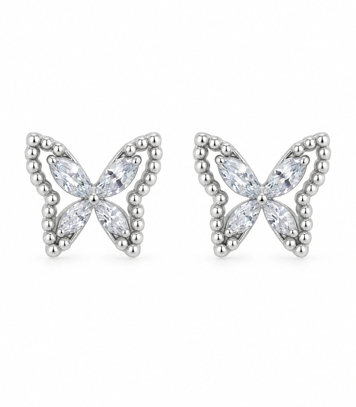JIMIKI Silver-Tone Crystal Butterfly Stud Earrings in Silver / Clear, white background product view