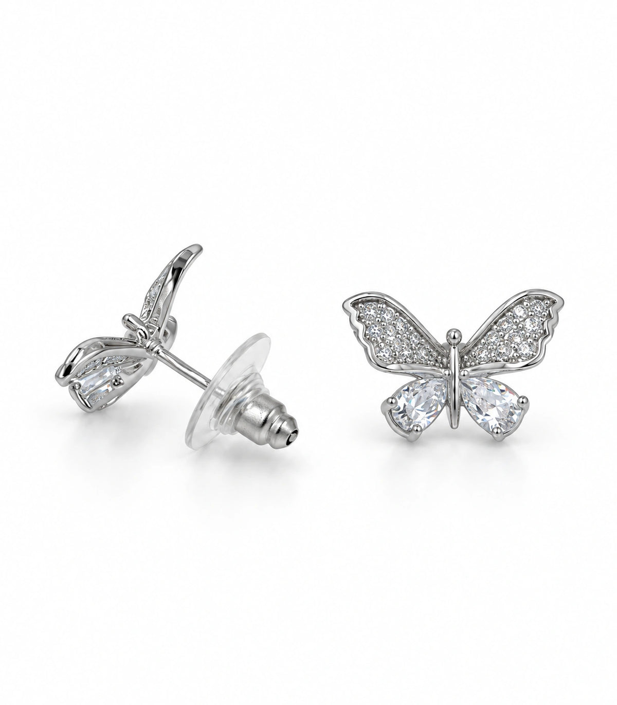 JIMIKI Silver-Tone Crystal Butterfly Stud Earrings in Silver / Clear, white background product view