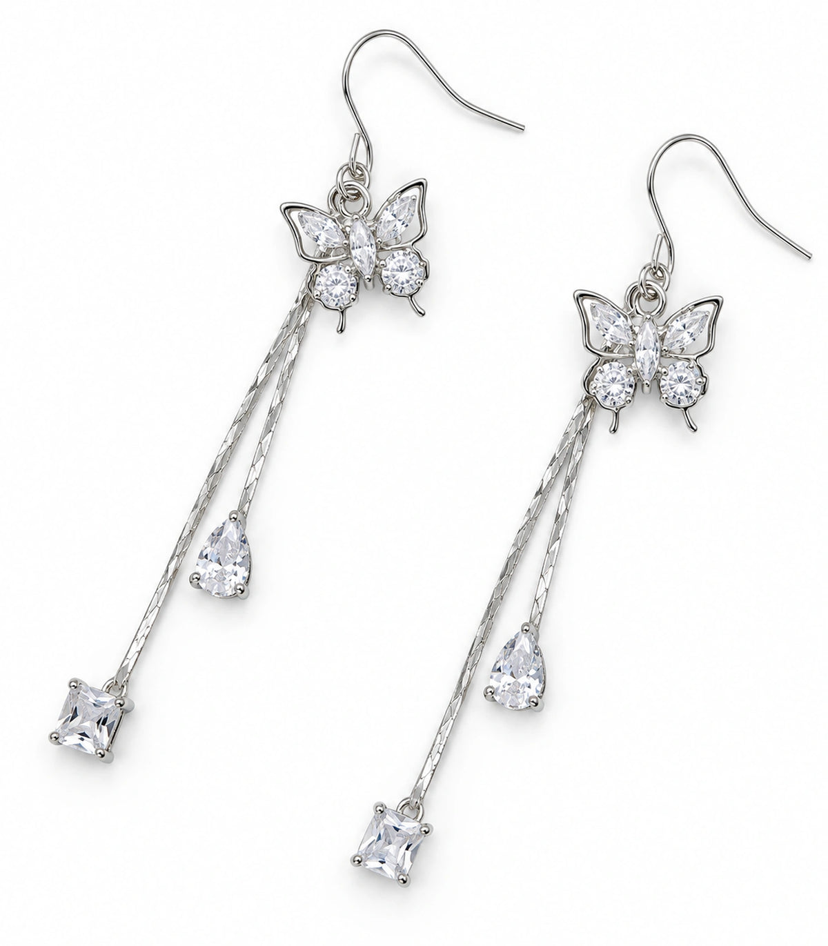 JIMIKI Silver Tone Crystal Butterfly Teardrop Tassel Earring Pair in Silver tone, white background product view