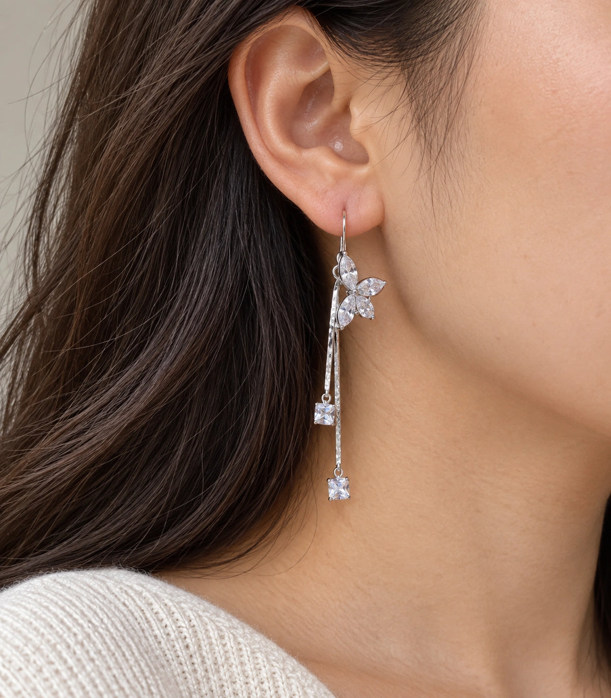 JIMIKI Silver Tone Crystal Butterfly Twin Square Chain Earring Pair in Silver-tone, model wearing view