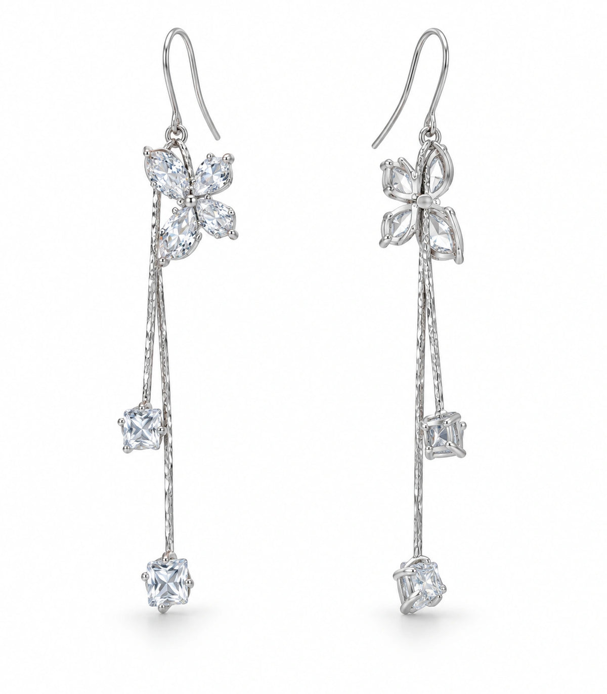 JIMIKI Silver Tone Crystal Butterfly Twin Square Chain Earring Pair in Silver-tone, white background product view