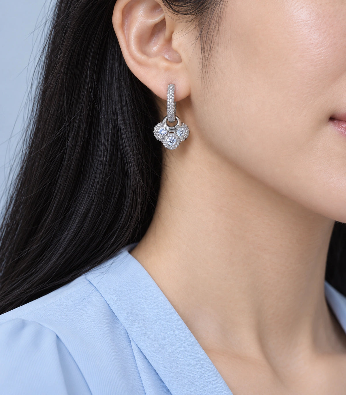 JIMIKI Crystal Clover Charm Hoop Earring Pair in Silver Tone, model wearing view #color_silver tone