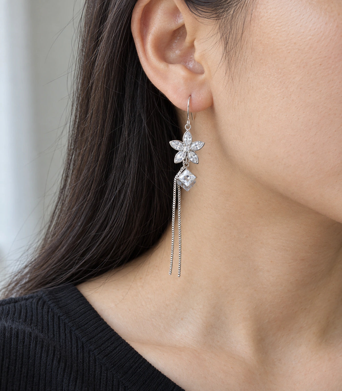 JIMIKI Silver Tone Crystal Flower Square Chain Tassel Earring Pair in Silver tone, close-up detail