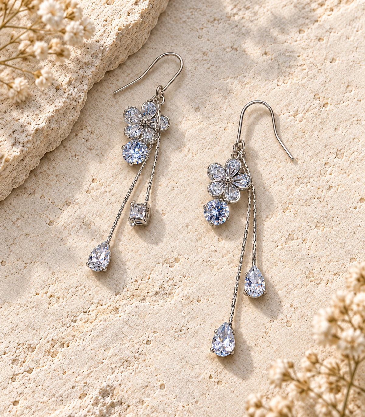JIMIKI Silver Tone Crystal Flower Teardrop Tassel Earring Pair in Silver tone, editorial flat lay
