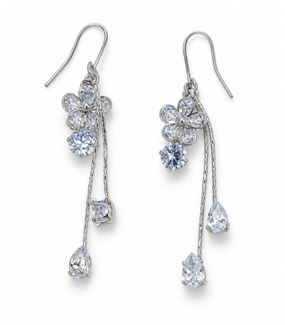 JIMIKI Silver Tone Crystal Flower Teardrop Tassel Earring Pair in Silver tone, white background product view