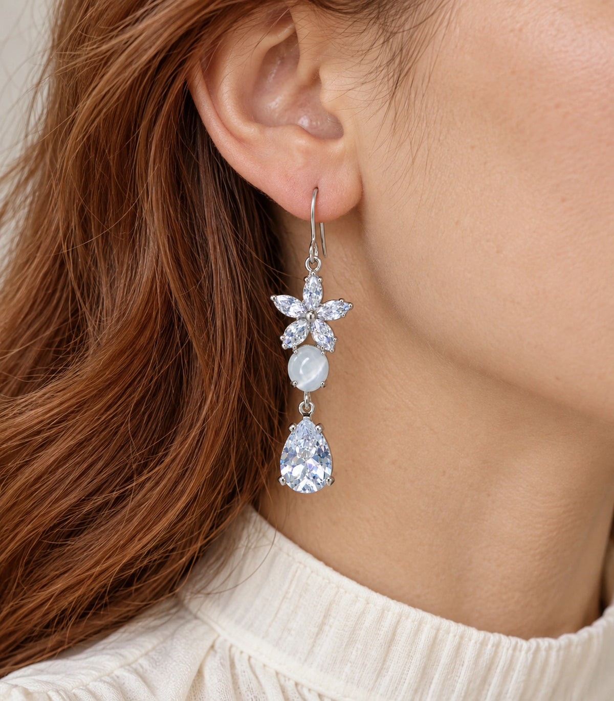 JIMIKI Silver Tone Crystal Flower White Bead Pear Drop Earring Pair in Silver tone, close-up detail