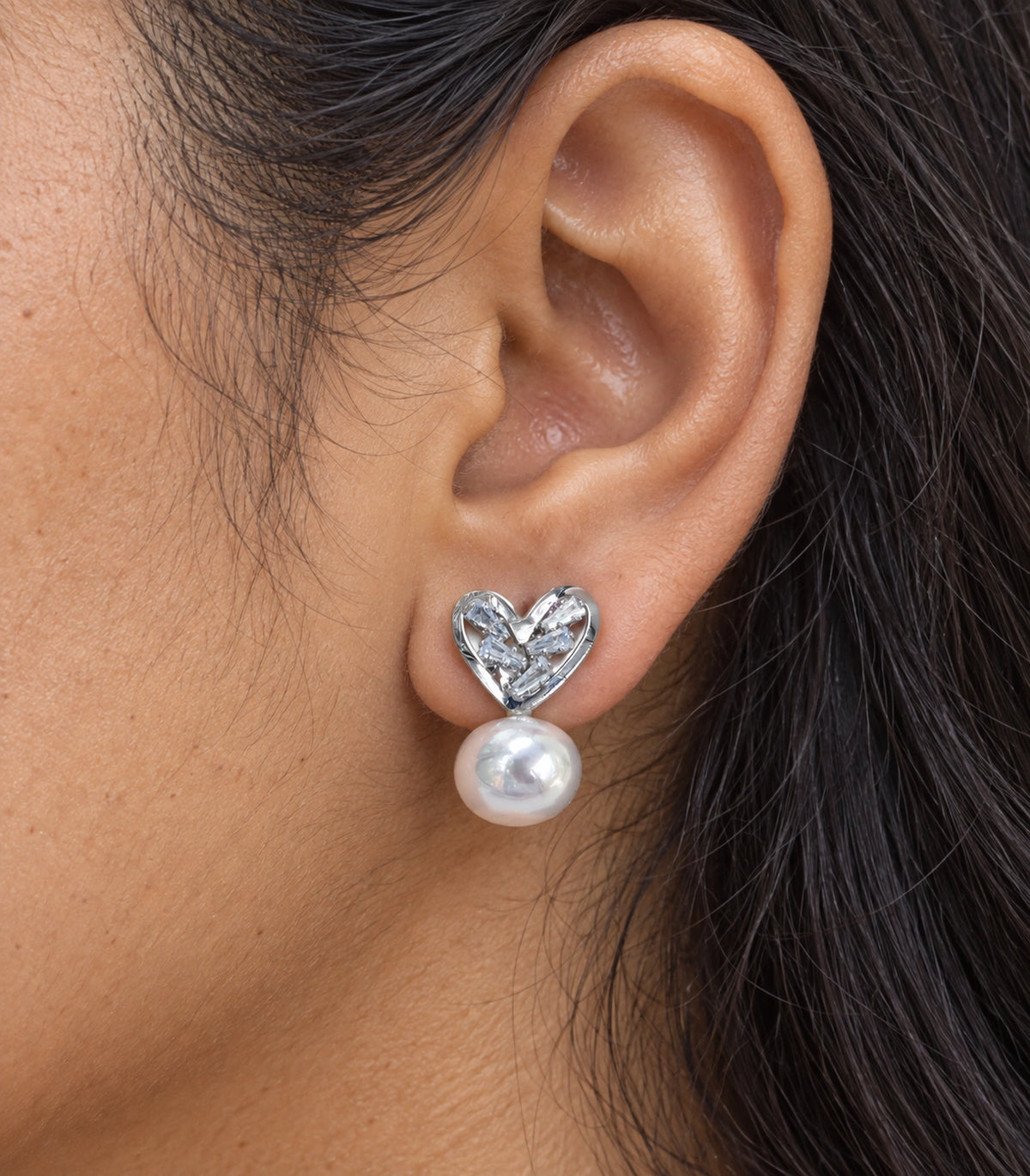 JIMIKI Silver-Tone Crystal Heart Pearl Drop Stud Earrings in Silver Tone, close-up detail
