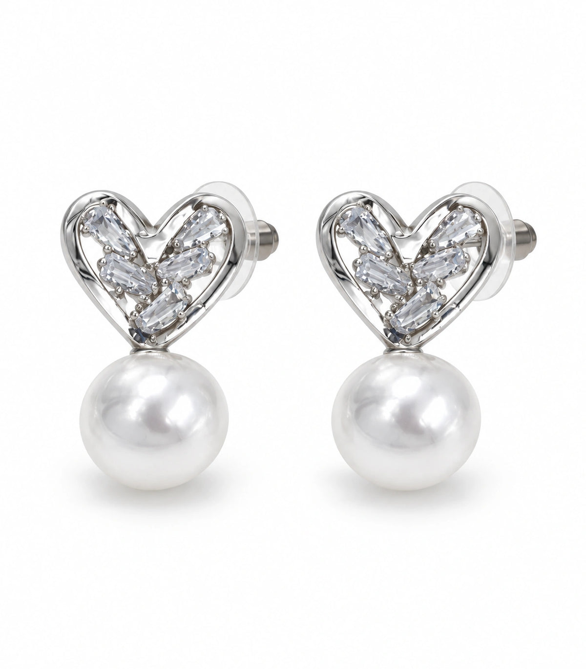 JIMIKI Silver-Tone Crystal Heart Pearl Drop Stud Earrings in Silver Tone, white background product view