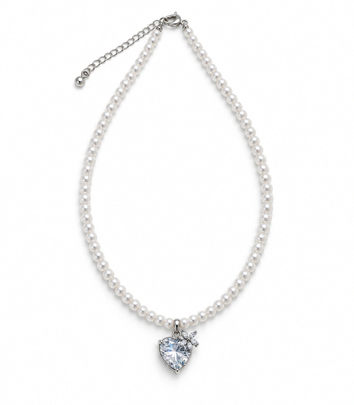 JIMIKI Silver-Tone Crystal Heart Pearl Necklace in Silver-tone / clear / white, on a white background