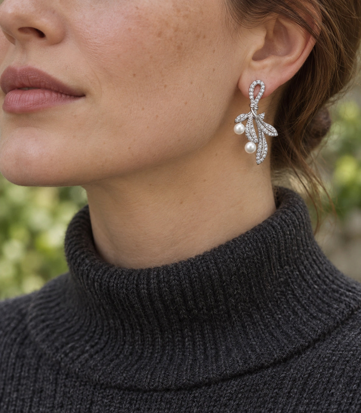 JIMIKI Crystal Leaf Two Pearl Drop Earring Pair in Silver-tone, editorial model view #color_silver-tone