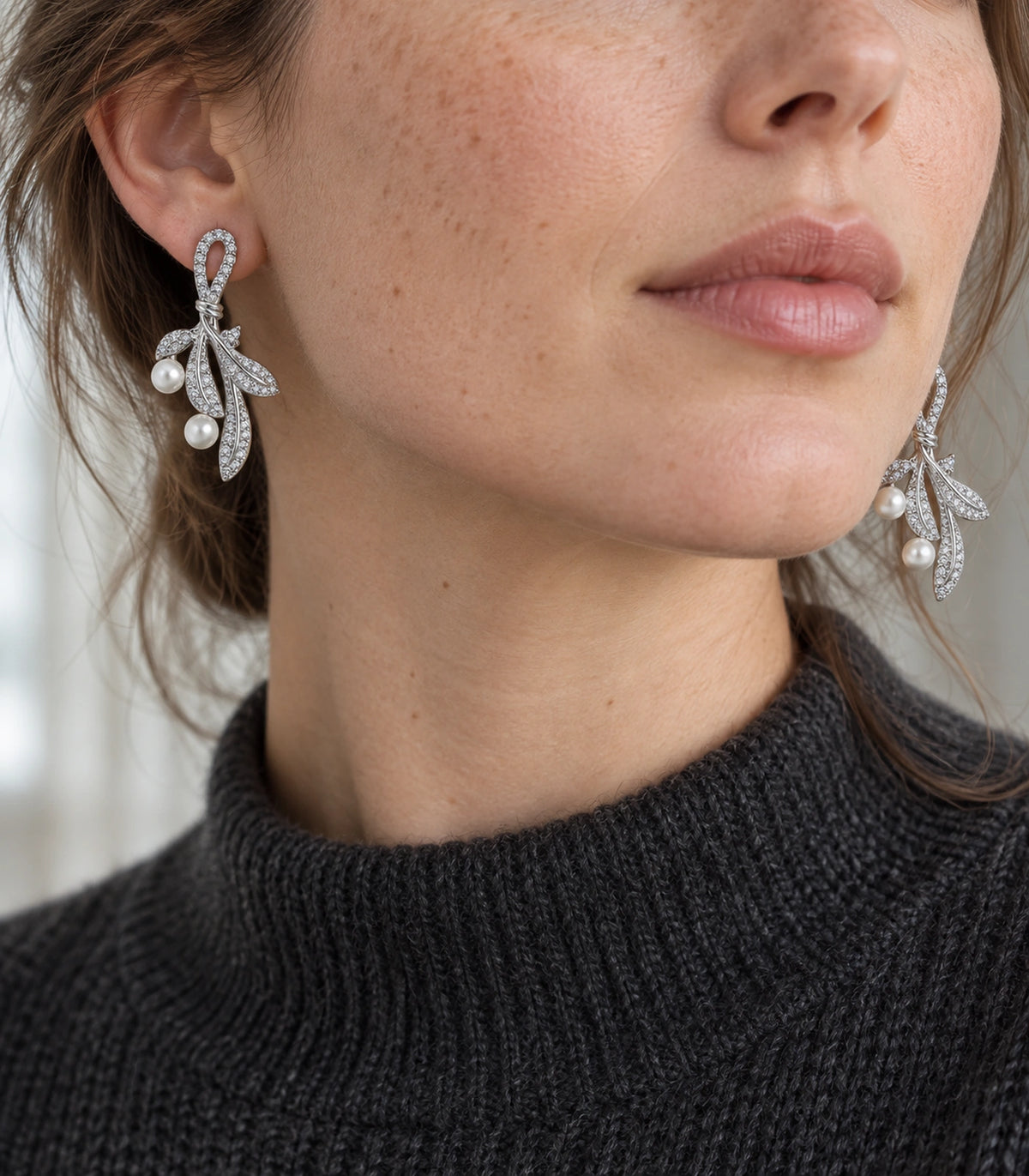 JIMIKI Crystal Leaf Two Pearl Drop Earring Pair in Silver-tone, model wearing view #color_silver-tone