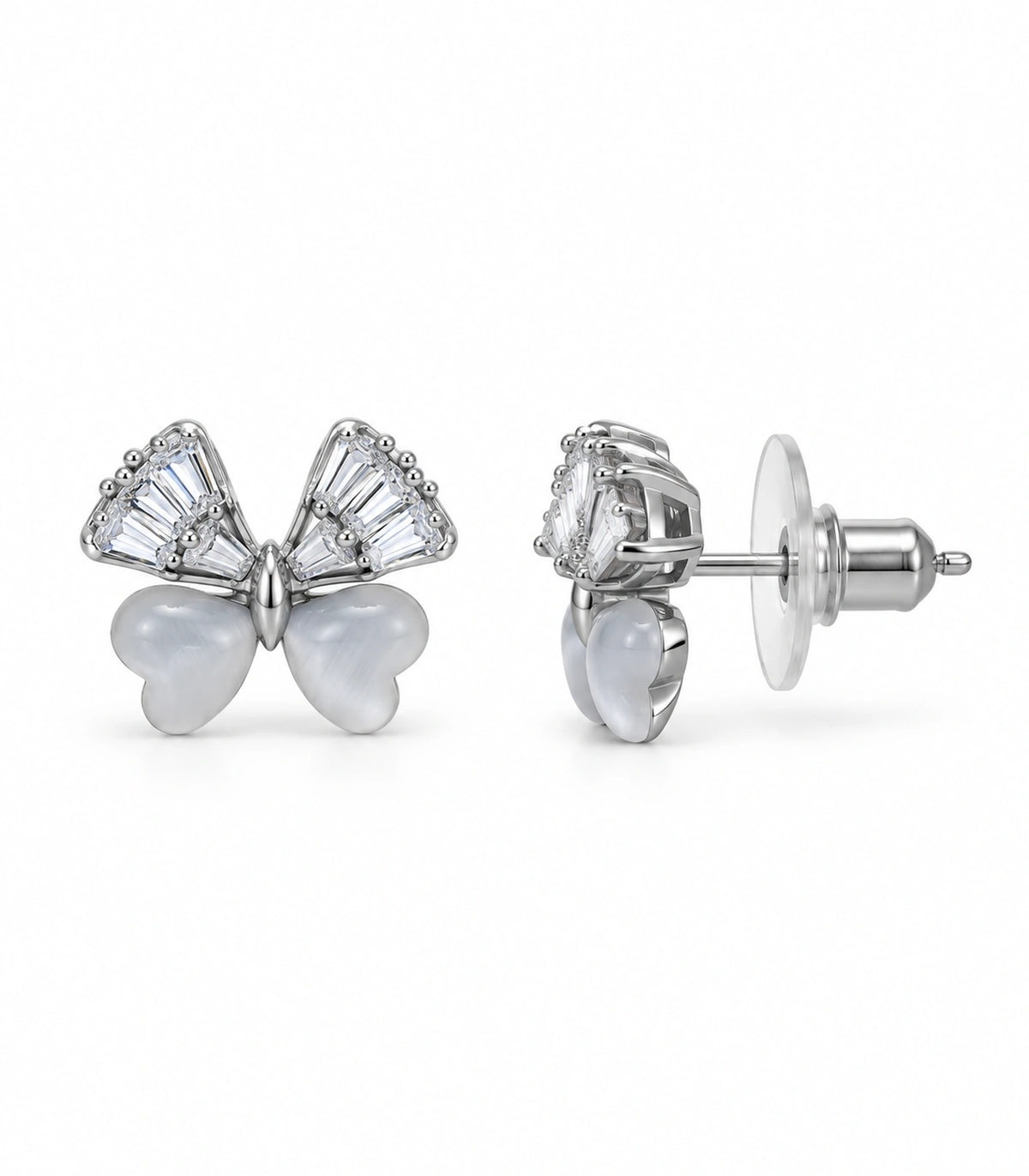 JIMIKI Crystal Wing Butterfly Stud Earring Pair in Silver Tone, white background product view #color_silver tone
